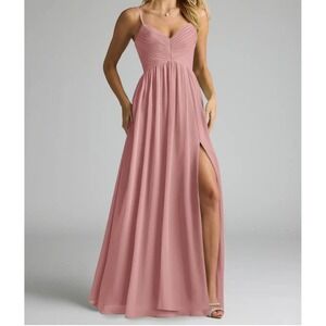 Azazie Alia Chiffon Pleated Gown Dress Women Size 0 Dusty Rose Romantic Formal